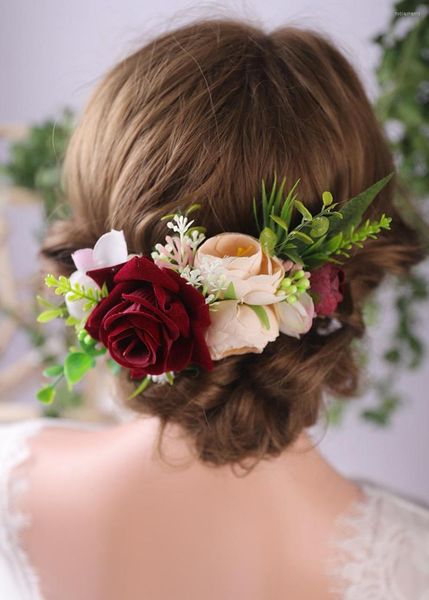 Kopfbedeckungen, schicker Blumen-Haarkamm, rote Rose, Hochzeit, Brautaccessoires, weiblicher Glamour, klassische Weinranken, modische Anstecknadeln für Frauen