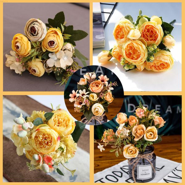 Faux Floral Greenery 1 Strauß gelbe künstliche Blumen Pfingstrose Tee Rose Herbst Seide gefälschte Blumen für DIY Wohnzimmer Haus Garten Hochzeit Dekoration J220906