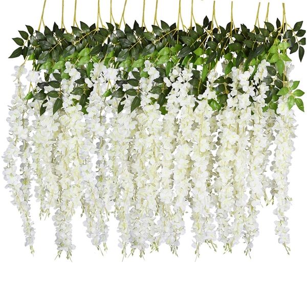 Faux Floral Greenery 12 PCs 45 polegadas Wisteria Artificial Flower Silk Vine Garland pendurada para festa de festas de casamento Decoração de parede de vegetação ao ar livre 220906