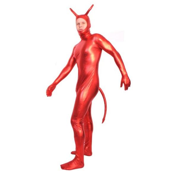 Vestido de fantasia unissex vermelho brilhante trajes de macacão metálico de capuz completo lycar spandex zentai bodysuit party club de fase de fase com orelhas e cauda