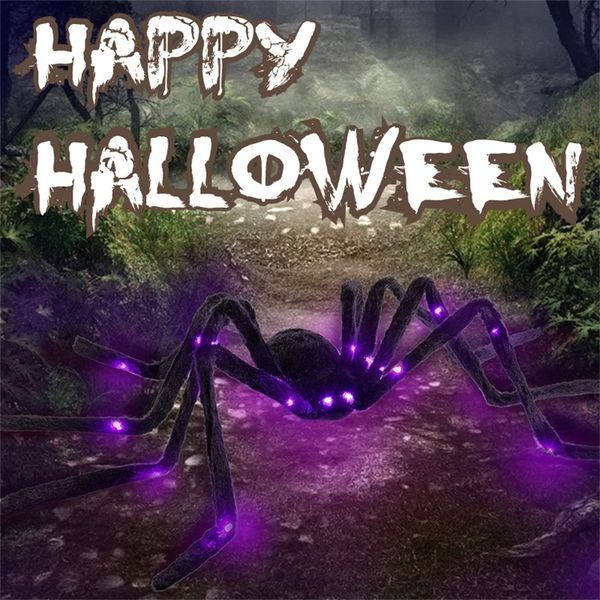 Decorazione per feste Halloween Ragno gigante Black Simulation Super Big Glowing Spider LED Purple Light Puntelli Spaventoso Terror Home Party Outdoor Decor 220905