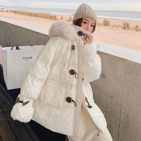 Trench da donna coreano corto con cappuccio collo di pelliccia grande piumino di cotone giacca da donna con bottoni in corno bianco 2022 inverno imbottito