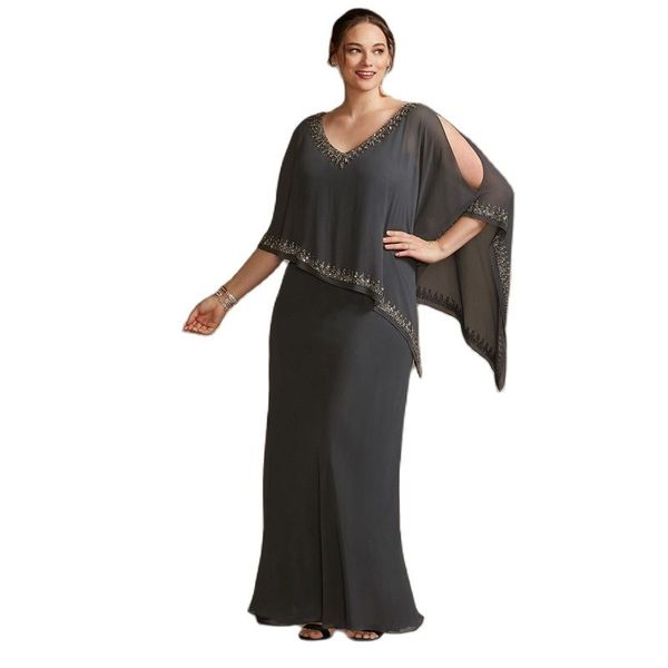 Plus size bainha mãe da noiva vestidos frisado cabo cinza vestido de noite para casamento v pescoço envoltório vestidos elegantes para muje 326 326