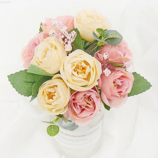 Faux Floral Greenery Neue künstliche Seidenrosen für die Heimdekoration auf dem Balkon, wunderschöner Rosenstrauß, künstliche Blumen, Hochzeitsfeier-Arrangement J220906
