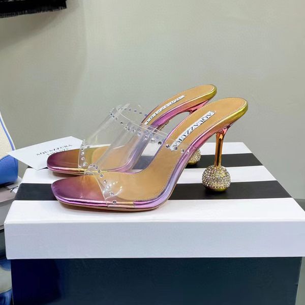 جديد AQUAZZURA كريستال مرصع الكرة النعال عالية الكعب الصنادل خنجر PVC البغال الماس الكرة كعب معدني 105 مللي متر الانزلاق على اصبع القدم المفتوحة النساء الفاخرة المصممين أحذية