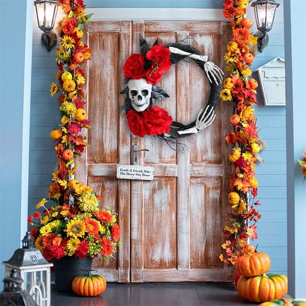 Vegetazione floreale finta Ghirlande di Halloween Ghirlande di teschi Rosa rossa Fantasma Mano Porta creativa Appesa a parete Ciondolo festivo per casa Porta a parete Soggiorno 220905