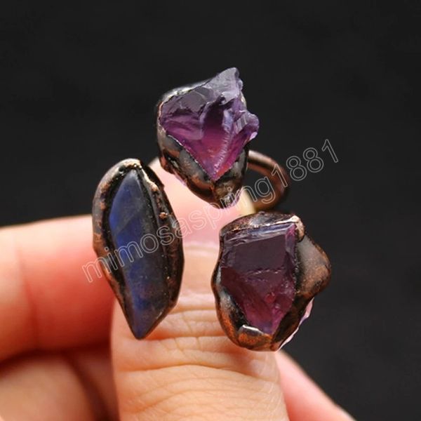 Anello polsino al quarzo naturale irregolare per dita Ridimensionabile Minerale di rame antico Roccia grigia Pietra di luna Cristallo viola Anello aperto Regali