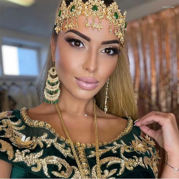 Başlıklar Su Damlası Kristal Gelin Saç Zinciri Renkli Rhinestone Cezayir Kadın Altın Kaplama Takı Büyük Tiaras ve Kronlar