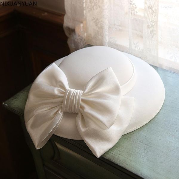 Copricapo stile francese vintage bowknot cappello bianco a tesa larga copricapo da sposa elegante alla moda accessori per capelli