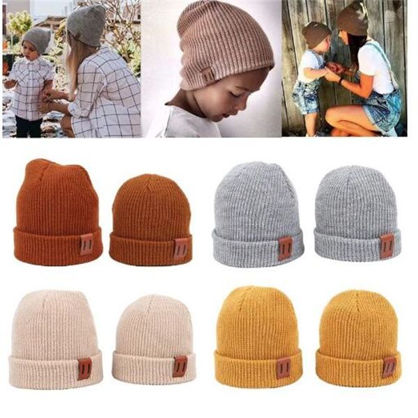 Baby knit chapéu para meninos meninas outono inverno quente crianças beanie adulto filhos pavor-filho chapéu recém-nascido boné com rótulo de couro gc1569