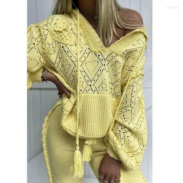 Maglioni da donna Maglione lavorato a maglia giallo ispirato a Boho da donna Cappuccio jacquard invernale da donna Howllow Out Sexy Woman Bohemian Ladies