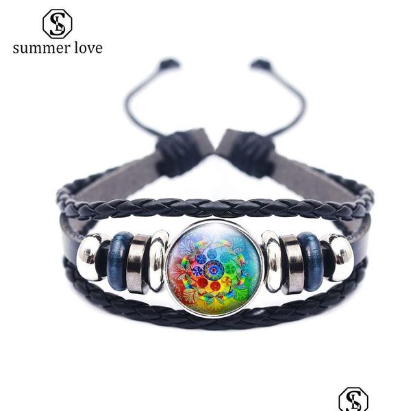 Catena a maglie di alta qualità Mtilayer Bracciale in pelle per uomo Donna Mandala Flower Pattern Vassoio in vetro Simbolo Om Yoga Buddismo C Yydhhome Dhq1H