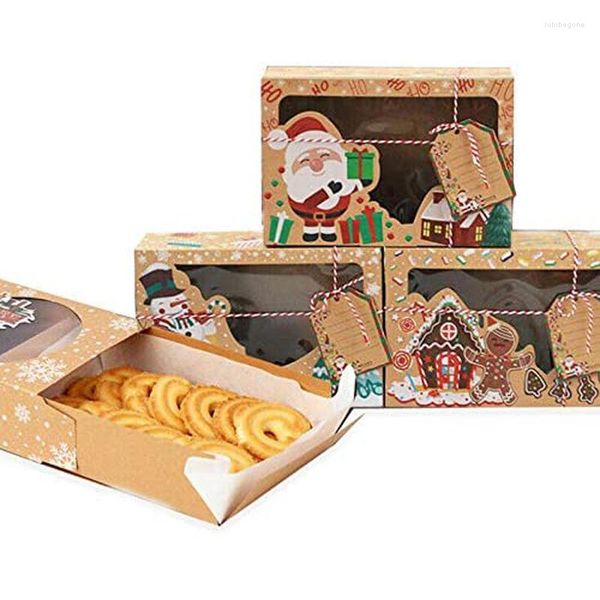 Confezione regalo 6/12 pezzi / set Scatola di carta kraft per biscotti di caramelle natalizie di grandi dimensioni con finestra in plastica PVC Pan di zenzero Cioccolato Cartone