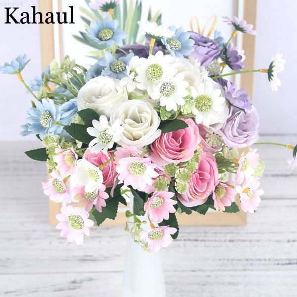 Faux Floral Greenery Künstliche Seidenrosen, künstliche Blumen, kleiner rosa Blumenstrauß für Hochzeit, Zuhause, Geburtstag, DIY-Dekoration, weiße künstliche Gänseblümchenblumen J220906