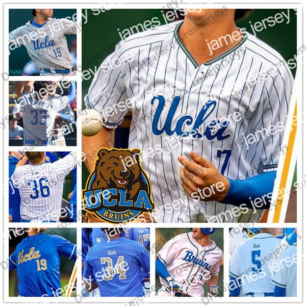Бейсбол в колледже носит NCAA UCLA #3 Брэндон Кроуфорд 7 Чейз Атли 12 Геррит Коул 42 Робинсон белый серый светло -голубой 2019 Ретро колледж Бейсбол Джерси 4XL