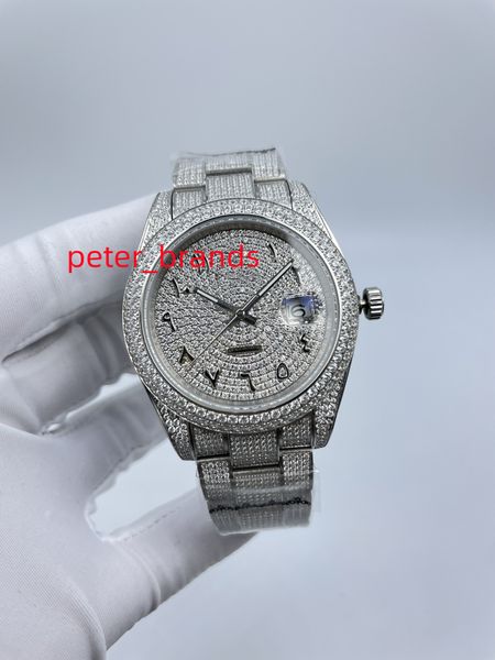 Relógio masculino de alta qualidade com diamantes de 41 mm, mostrador com número arábico, pulseira de ostra, automático, pedras de zircônio, relógios masculinos