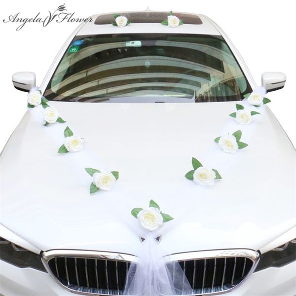 Faux Floral Greenery DIY künstliche Blume weiß Hochzeit Auto Braut Auto Dekoration Türgriff Bänder Seide Eckblume Galand mit Tüll Geschenke Set 220906