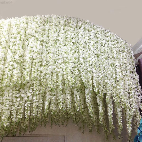 Vegetazione floreale finta Bellissimi fiori di glicine di seta artificiale bianca che appendono ortensia finta Matrimonio romantico Ghirlanda Vite Edera Decorazione del soffitto J220906