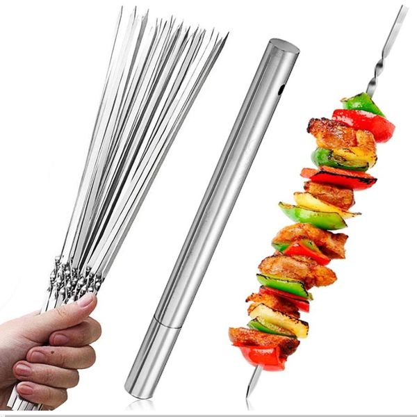 Küchengeräte Spieße zum Grillen, wiederverwendbar, Grillspieße aus Edelstahl, Schaschlik, Grill, Camping, flache Gabeln, Gadgets