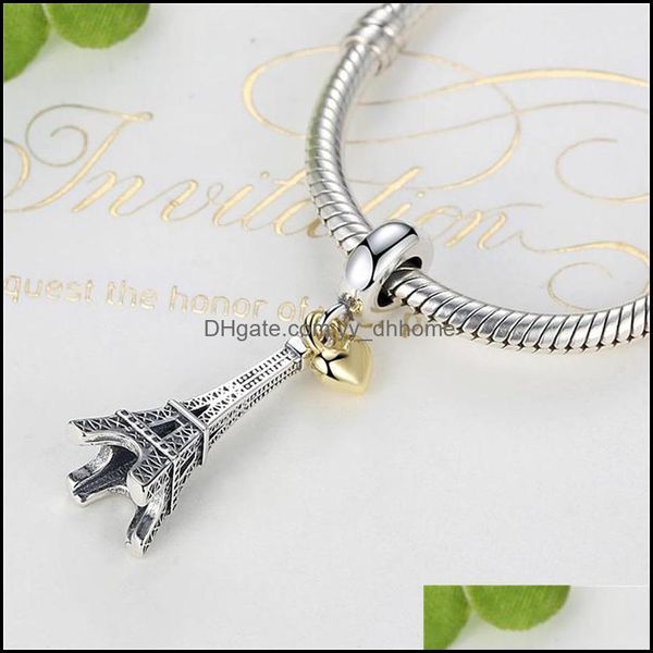 Silver Paris Eiffel Tower Charm Pingente Gold Heart Beads Fit Pandora Bracelets Colares 858 Q2 Drop Deliver