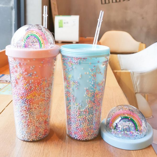 450 ml niedlicher Regenbogen-Becher, Becher, doppelter Kunststoff mit Strohhalmen, PET-Material für Kinder, Erwachsene, Freundin, Geschenk LYX161