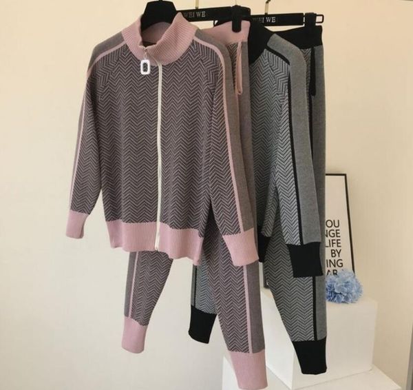 Damen-Trainingsanzüge, gestrickt, 2-teilige Sets, Herbst/Winter, langärmelig, Strickjacke, Jacke und Schultergurt-Weste, Outfits, Jogging, Caprihose, Hosenanzüge