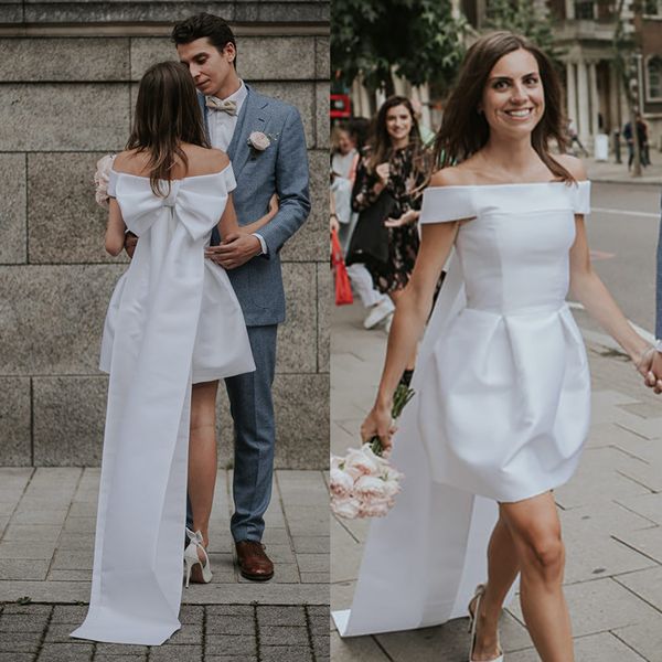 Vestido de noiva de mini cetim de curta -metragem de vestidos de noiva de ombro de ombro de pecu￡ria de arco de arco grande personalizado, mais tamanho elegante acima do joelho, vestidos de noiva de jardim chiques