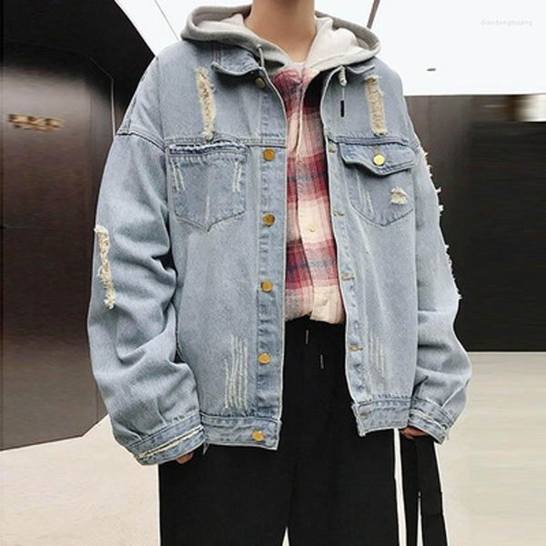 Männer Trenchcoats Großhandel 2022 Patch Denim Jacke Männlich Zerrissene Plus Dünger Lose Teenager Fett Japanische Herbst Winter Hübsche Straße