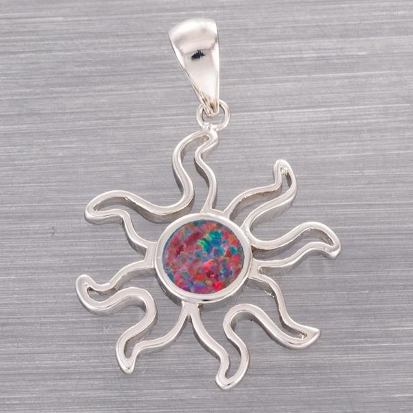 Colares de pingentes Kongmoon Hollow Sunburst Black Cherry Red Fire Opal Silver Plated Jóias para Mulheres Colar