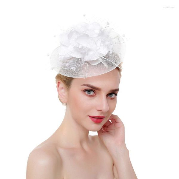 Kopfbedeckungen 2022 Damen Derby Netting Mesh Große blühende Blumen Feder Fascinator Hut Pompom Perlen Tee Party Hochzeit Braut Haarspange