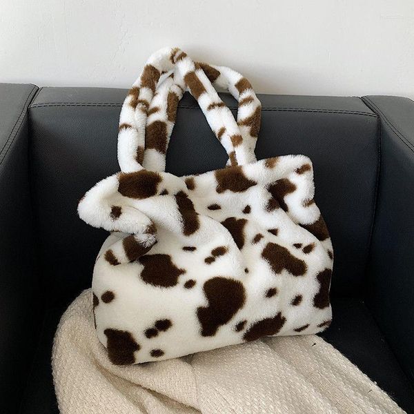 Bolsas de noite Padrão de vaca Mulheres macias ombro de inverno Moda de grande capacidade Bolsas femininas bolsas Faux Fur Protable Tote casual 2022