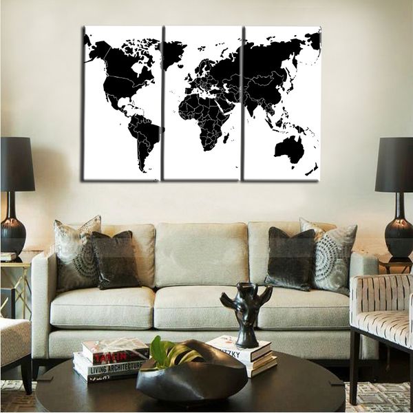 Pinturas de lona 3Panel Impressão digital Abstract Abstract Black e White World Map