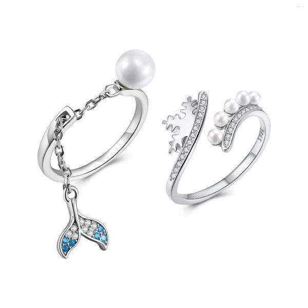 Ringos de cluster Anel de sereia 925 Sterling Silver Blue Ocean Snowflake Crown Pearl Cz brilhante Ajustável Dedos abertos Presentes