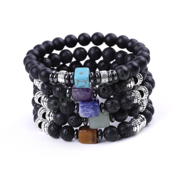 Gioielli per coppia Guarigione Bracciale quadrato in pietra naturale Energia Lava nera Ametiste Occhio di tigre Bracciale in cristallo viola per donna Uomo