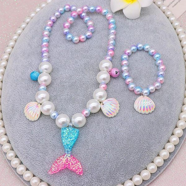 Nuovo 2/5 pezzi ragazze sirena collana di perle bracciale anello orecchino set giocattoli per bambini accessori principessa per ragazze regali di compleanno per ragazze