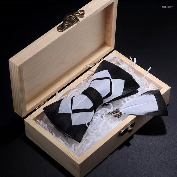 Fliege JEMYGINS Original Schwarz Weiß Feder Krawatte Handgemachte Mode Jugend Männer Bowtie Brosche Pin Geschenk Box Set Für Party