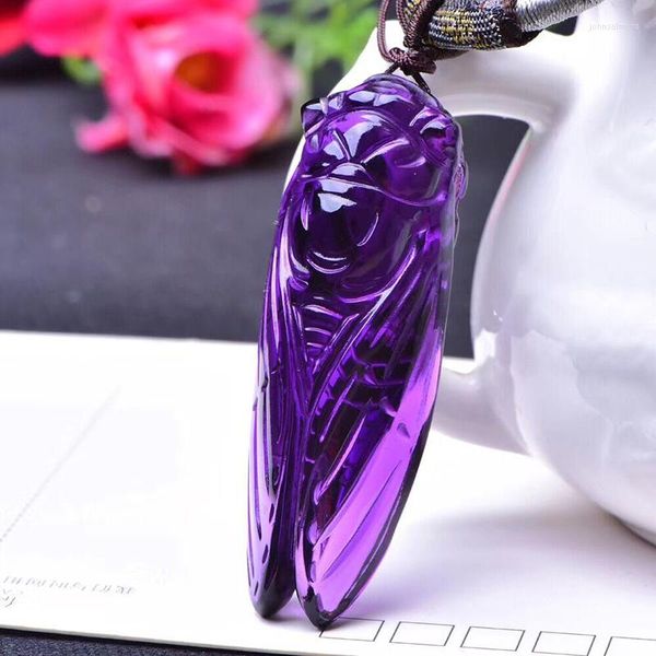 Подвесные ожерелья Purple Natural Crystal Cryfuled Cicada свитер Цепное ожерелье для женщин, мужчины, дружелюбие, модные ювелирные изделия