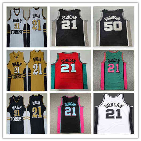 Veste Homem Tim 21 Duncan Wake Forest College Basquete Jerseys Costurado Rosa Vermelho Verde Amarelo Preto Branco Vintage David 50 Robinson Jersey S