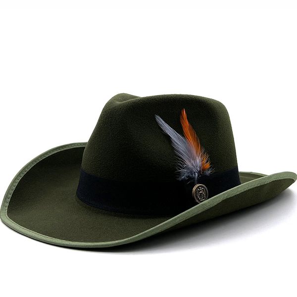 Cappello a cilindro tibetano a tesa larga Cappelli fedora da cowboy occidentali con fascia di piume Donna Uomo Cappellino jazz in feltro Sombreros De Mujer