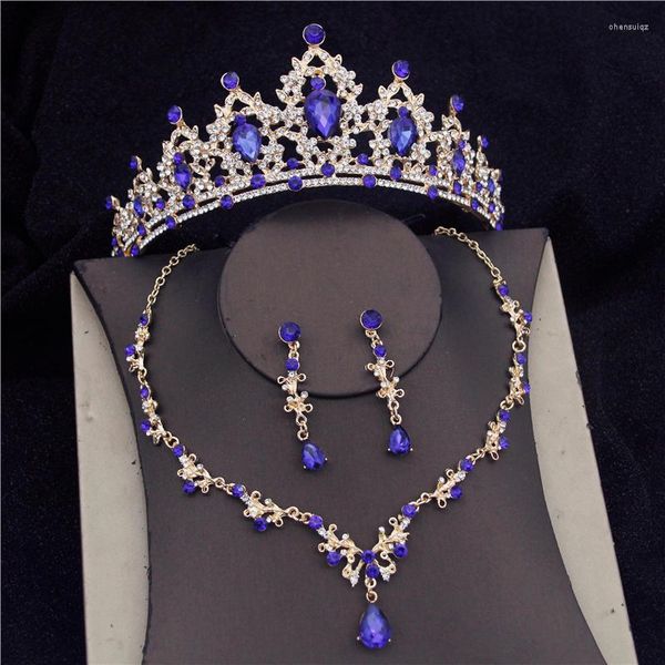 Set di gioielli da sposa in cristallo blu con strass da sposa per le donne Moda diademi collana orecchini set corona da sposa