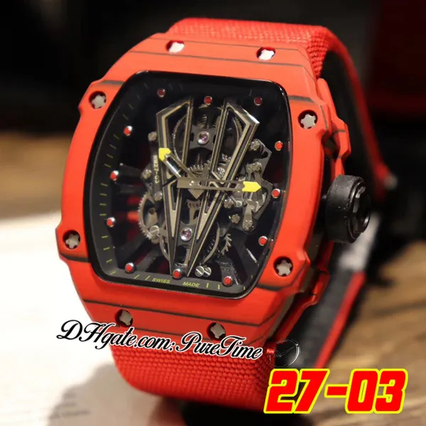 27-03 Tourbillon Rafael Nadal Miyota Orologio da uomo automatico 2022 NTPT Cassa in fibra di carbonio giallo rosso Quadrante scheletro Grande data Corona nera Cinturino in nylon 3 Stili Puretime B2