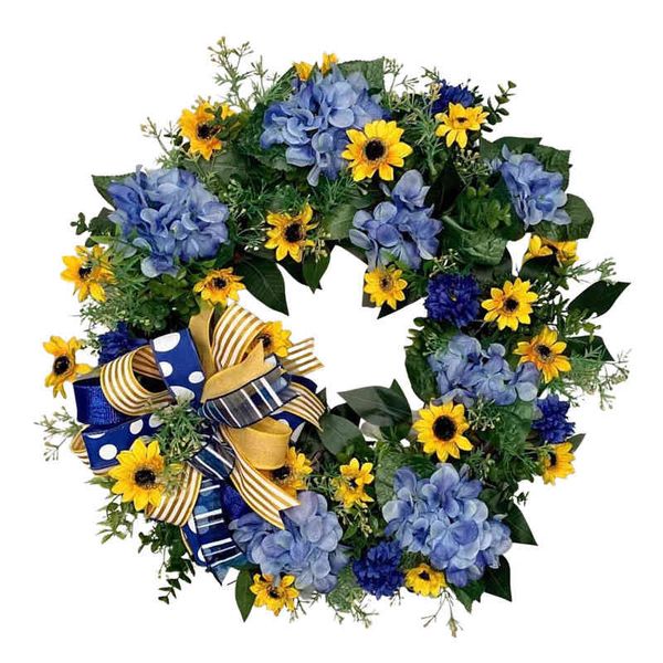 Ghirlande di fiori decorativi Corona gialla e blu Corona di girasole artificiale da 18 pollici Corona di girasole primavera estate per porta d'ingresso Muro di casa Matrimonio T220905