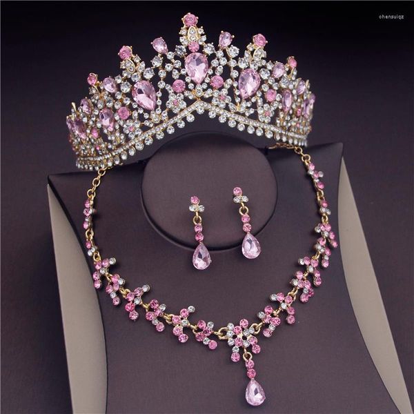 Jóias de casamento conjuntos de figurinos de pinhão cristal de cristal rosa Tiara Brincos de colar noiva para mulheres