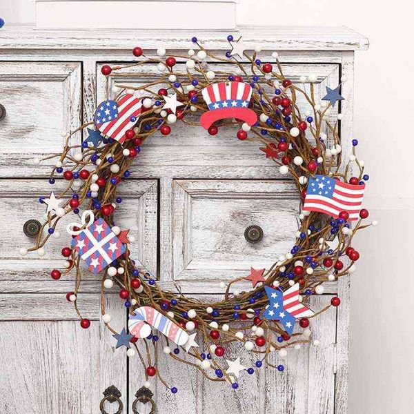 Flores decorativas grinaldas American Independence Day Wrinalh Wrinalh Red Brah Blue Stars Berry Garland para 4 de julho do Dia do Memorial Day Wall Hang Hang T220905