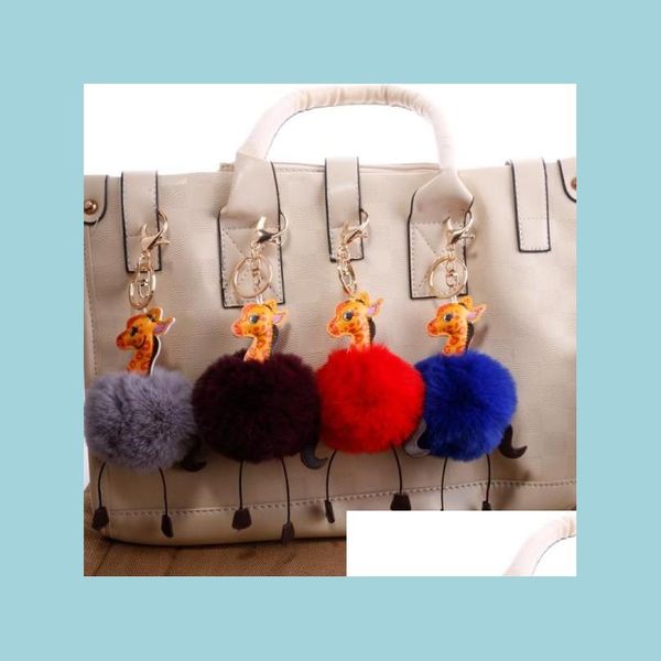 Keychains pom pom poms ball chaves de chave para meninas backpack bolsa escolar bolsa de charme pingente keyrings girafa girafa fofhancha de brinquedo de brinquedo Drop d dhq17