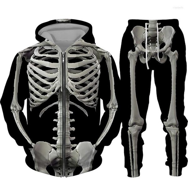 Trajes masculinos de trajes de halloween esqueleto de hip hop com capuz de moletom de moletom de moletom de capuz masculino/mulher de jaqueta impressão 3D Pullovers de rua 2pc