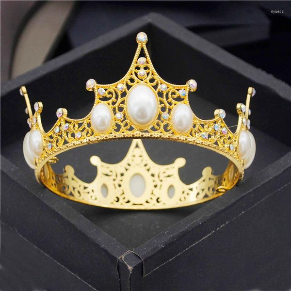 Fermagli per capelli Corona rotonda barocca Perle di strass Diademi in metallo Ornamenti per torte di compleanno Gioielli da sposa Moda Copricapo diadema