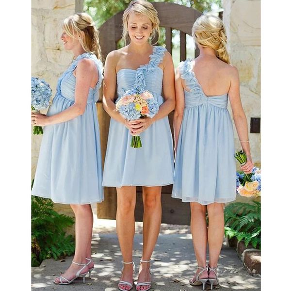 Ülke Kısa Nedime Elbiseleri 2023 Ucuz Bir Omuz El Yapımı Çiçekler Diz Uzunluğu Şifon Hizmetçisi Onur Düğün Konuk Elbisesi