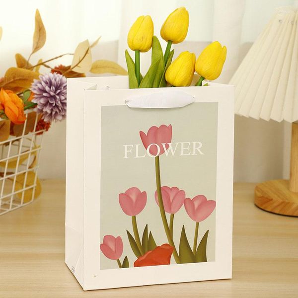 Confezione regalo 1 pz Sacchetti di carta Confezione di fiori stampati a tulipano con manico Confezione di biscotti Scatole per bomboniere per feste di matrimonio