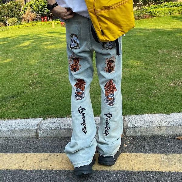 Jeans masculinos High Street Flame Skull Borded Mark Brand Ruffian Belas calças fritas American Retro Fared Calça